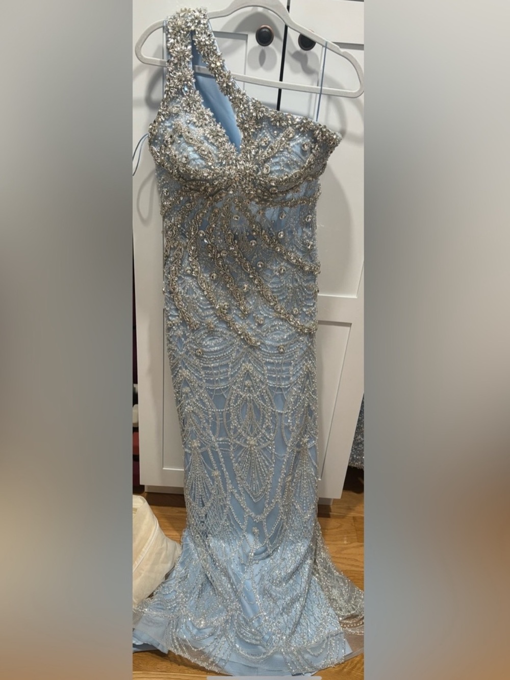 Light Blue One- Shoulder Beaded Evening Gown with Silver Embellishment